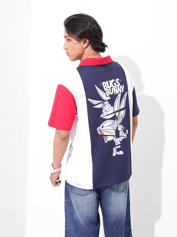 Men's Navy Blue Boxy Fit Bugs Bunny Character Printed Polo Collar T-shirt