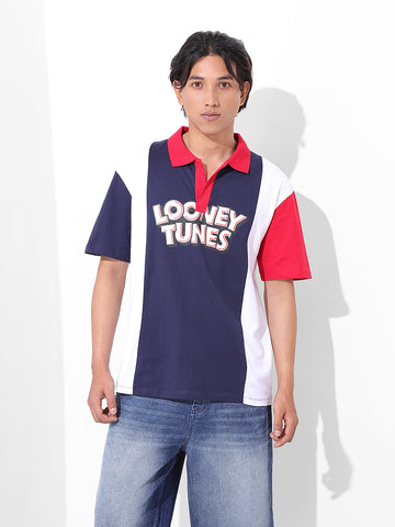 Men's Navy Blue Boxy Fit Bugs Bunny Character Printed Polo Collar T-shirt