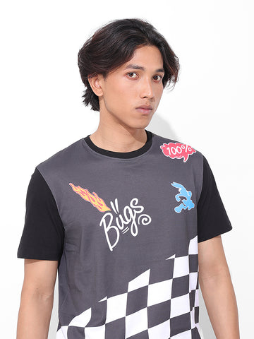 Men's Black Slim Fit Character Bugs Bunny Printed Crew Neck T-Shirt