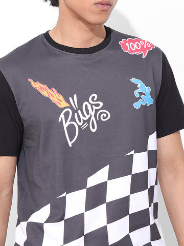 Men's Black Slim Fit Character Bugs Bunny Printed Crew Neck T-Shirt