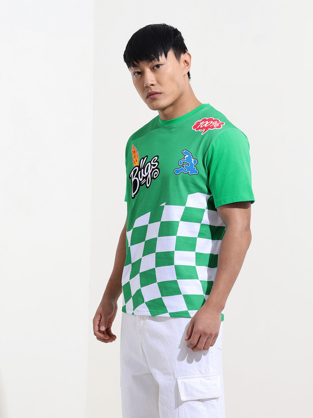 Men's Green Slim Fit Character Bugs Bunny Printed Crew Neck T-Shirt