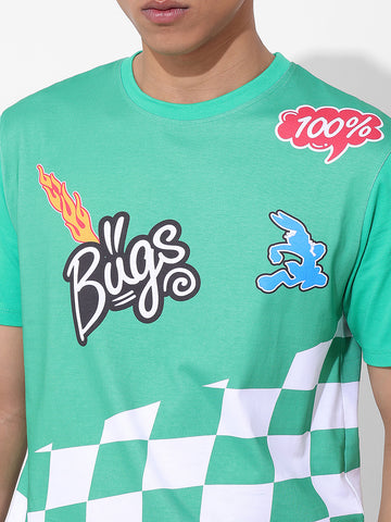 Men's Green Slim Fit Character Bugs Bunny Printed Crew Neck T-Shirt