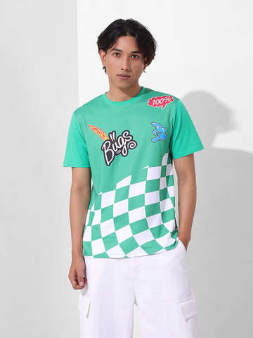 Men's Green Slim Fit Character Bugs Bunny Printed Crew Neck T-Shirt