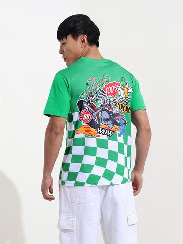 Men's Green Slim Fit Character Bugs Bunny Printed Crew Neck T-Shirt