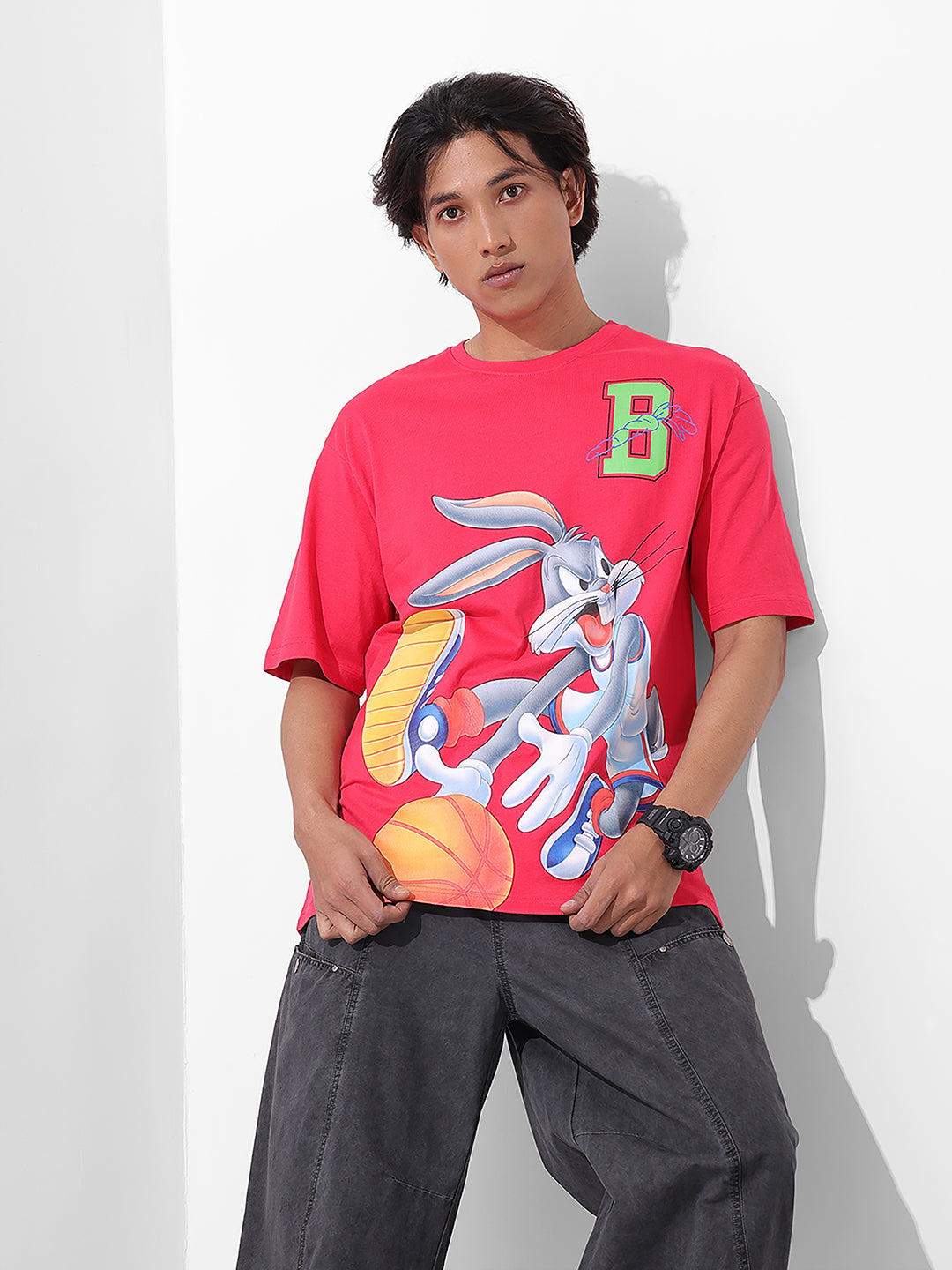 Men's Pink Boxy Fit Bugs Bunny Character Merchandise T-Shirt
