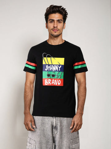 Men's Black Slim Fit Character Johnny Bravo Printed Crew Neck T-Shirt