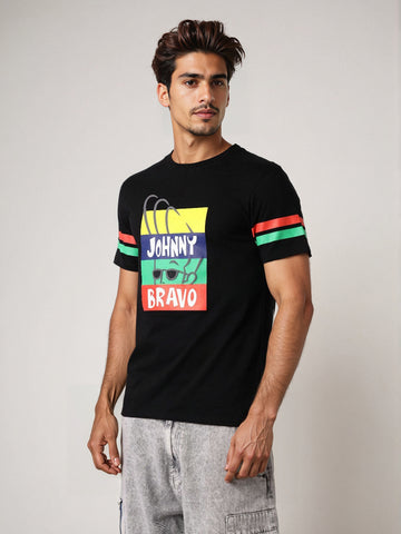 Men's Black Slim Fit Character Johnny Bravo Printed Crew Neck T-Shirt