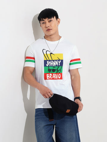 Men's White Slim Fit Character Johnny Bravo Printed Crew Neck T-Shirt