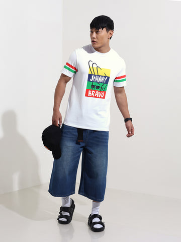 Men's White Slim Fit Character Johnny Bravo Printed Crew Neck T-Shirt