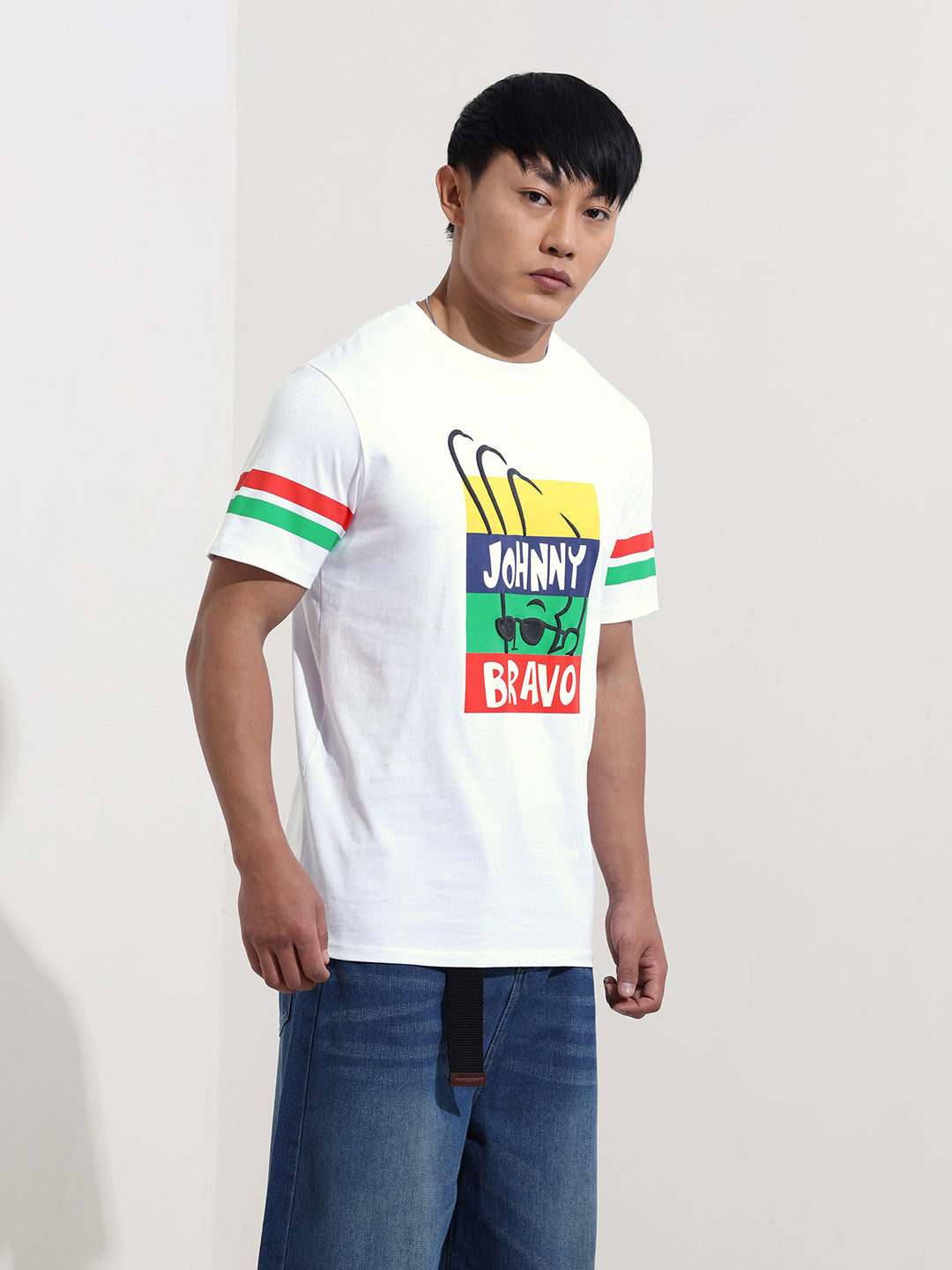 Men's White Slim Fit Character Johnny Bravo Printed Crew Neck T-Shirt