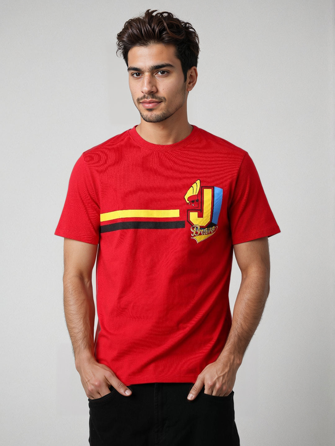 Men's Red Slim Fit Character Johnny Bravo Printed T-Shirt