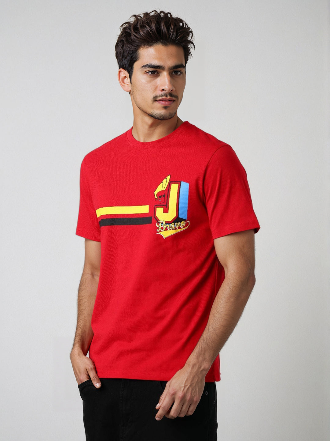 Men's Red Slim Fit Character Johnny Bravo Printed T-Shirt