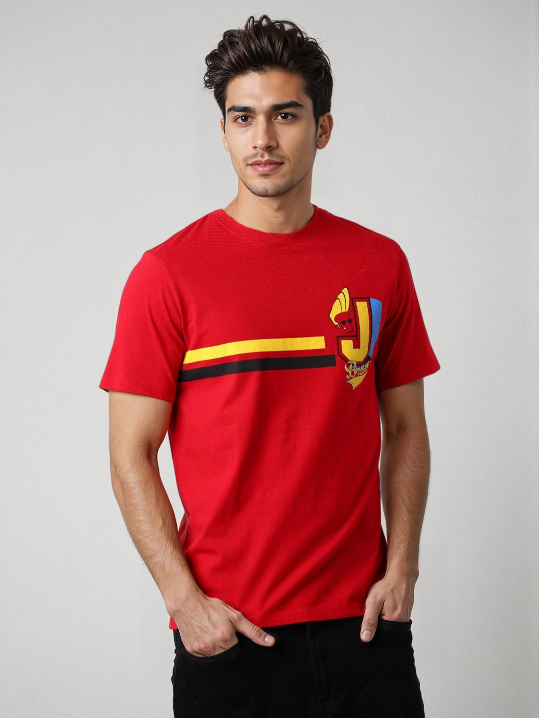 Men's Red Slim Fit Character Johnny Bravo Printed T-Shirt