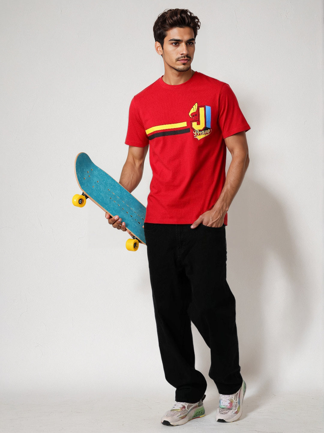 Men's Red Slim Fit Character Johnny Bravo Printed T-Shirt