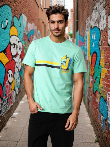 Men's Green Slim Fit Character Johnny Bravo Printed Crew Neck T-Shirt