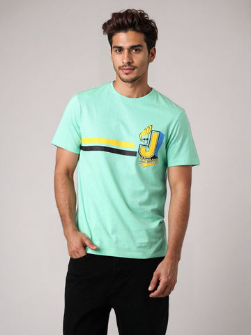 Men's Green Slim Fit Character Johnny Bravo Printed Crew Neck T-Shirt