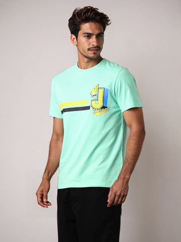 Men's Green Slim Fit Character Johnny Bravo Printed Crew Neck T-Shirt