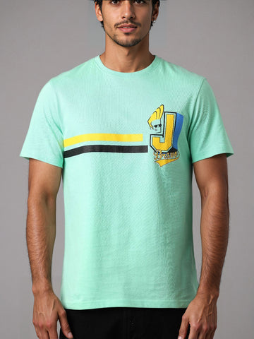 Men's Green Slim Fit Character Johnny Bravo Printed Crew Neck T-Shirt