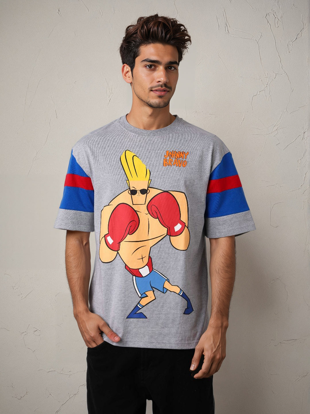 Men's Grey Boxy Fit Character Johnny Bravo Printed Crew Neck T-Shirt