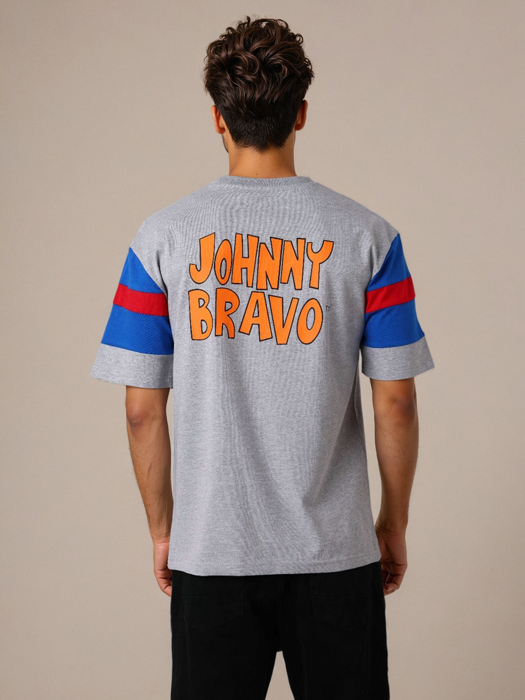 Men's Grey Boxy Fit Character Johnny Bravo Printed Crew Neck T-Shirt