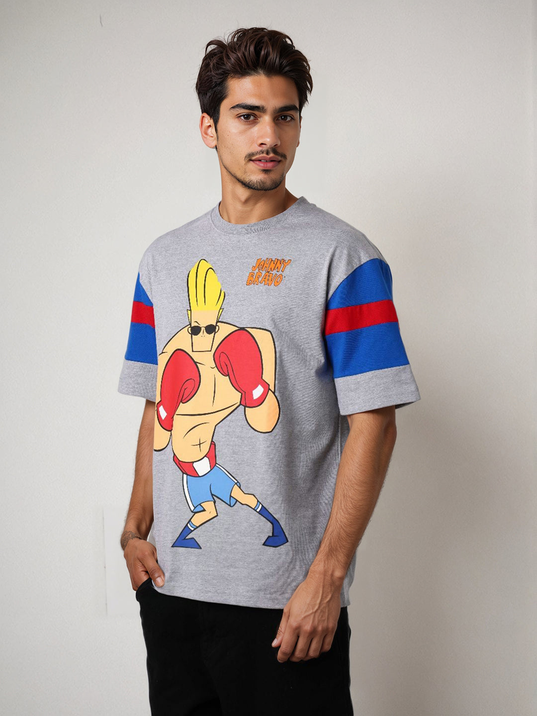 Men's Grey Boxy Fit Character Johnny Bravo Printed Crew Neck T-Shirt