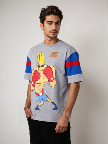 Men's Grey Boxy Fit Character Johnny Bravo Printed Crew Neck T-Shirt