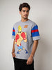 Men's Grey Boxy Fit Character Johnny Bravo Printed Crew Neck T-Shirt