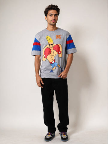 Men's Grey Boxy Fit Character Johnny Bravo Printed Crew Neck T-Shirt