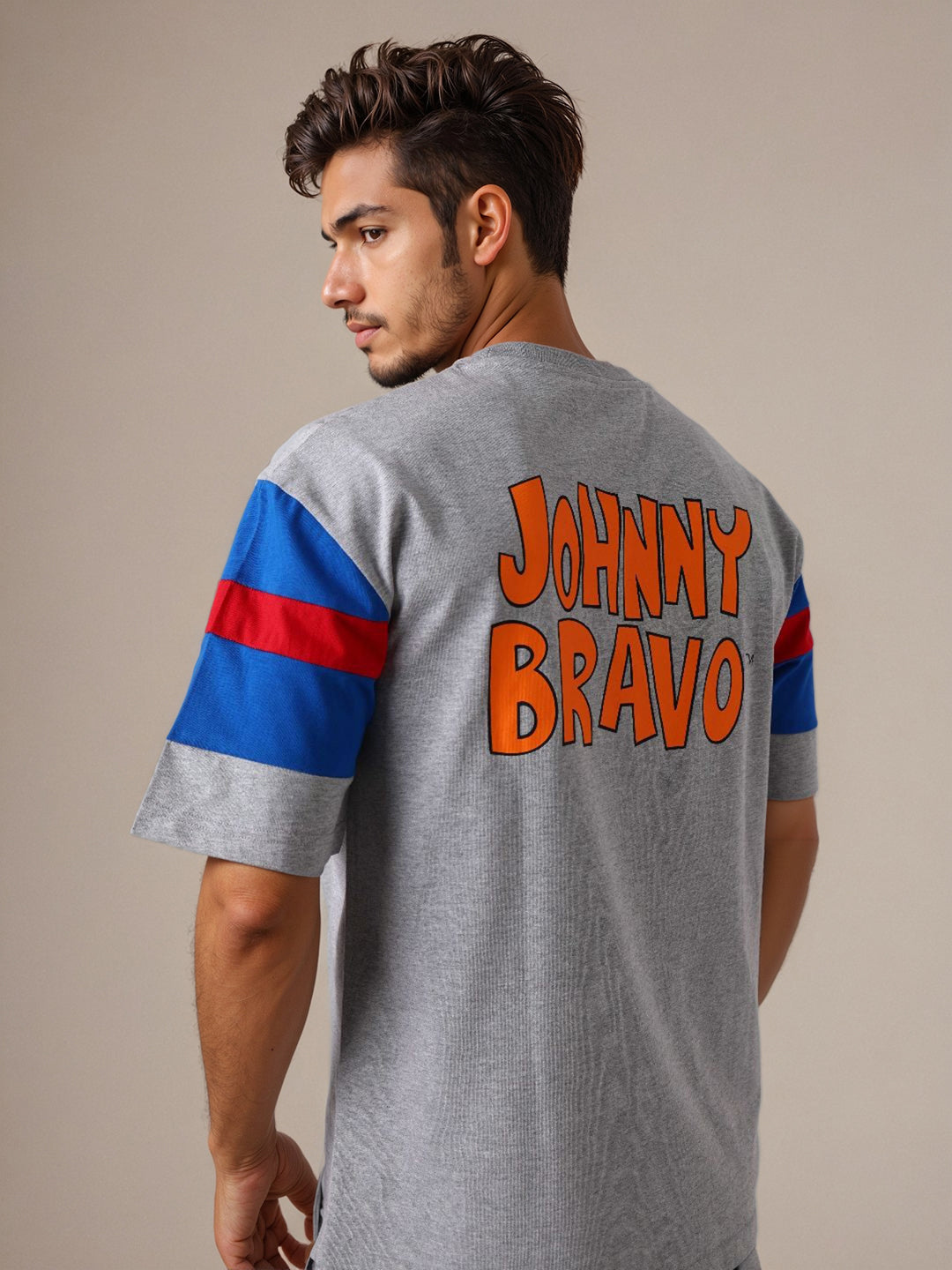 Men's Grey Boxy Fit Character Johnny Bravo Printed Crew Neck T-Shirt
