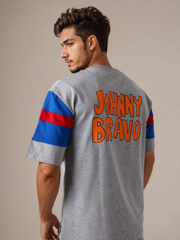 Men's Grey Boxy Fit Character Johnny Bravo Printed Crew Neck T-Shirt