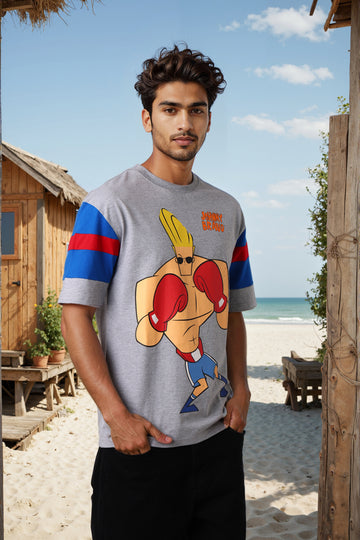 Men's Grey Boxy Fit Character Johnny Bravo Printed Crew Neck T-Shirt