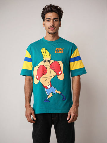 Men's Green Boxy Fit Character Johnny Bravo Printed Crew Neck T-Shirt