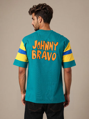 Men's Green Boxy Fit Character Johnny Bravo Printed Crew Neck T-Shirt