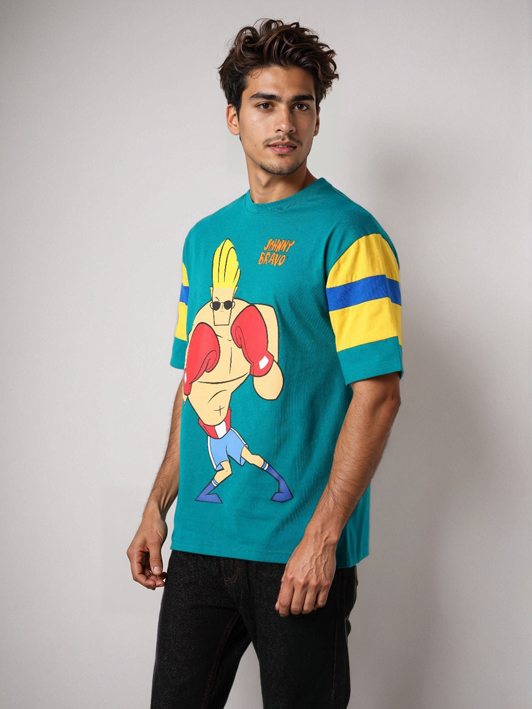 Men's Green Boxy Fit Character Johnny Bravo Printed Crew Neck T-Shirt