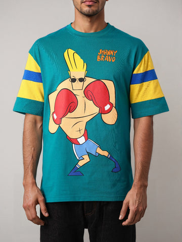 Men's Green Boxy Fit Character Johnny Bravo Printed Crew Neck T-Shirt