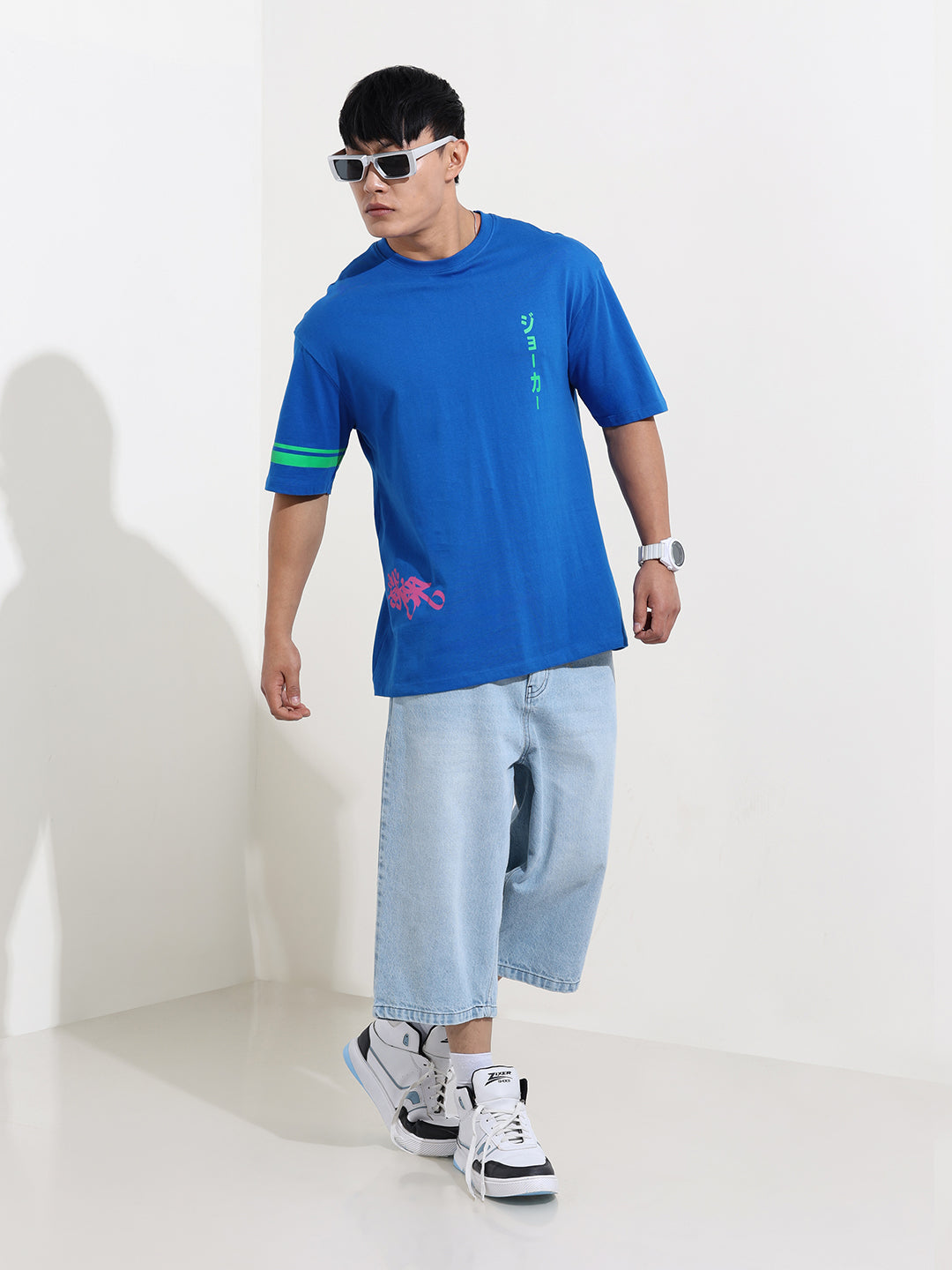 Men's Blue Boxy Fit Joker Character Printed Crew Neck T-Shirt