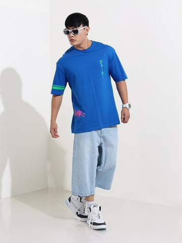 Men's Blue Boxy Fit Joker Character Printed Crew Neck T-Shirt