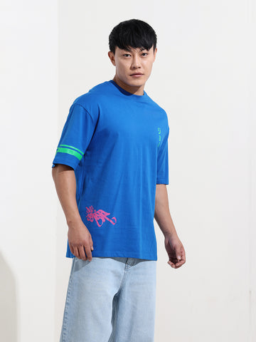 Men's Blue Boxy Fit Joker Character Printed Crew Neck T-Shirt