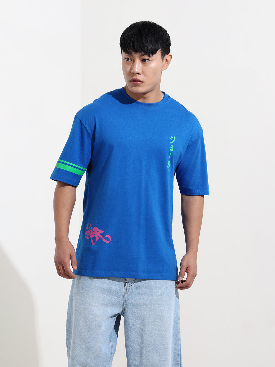 Men's Blue Boxy Fit Joker Character Printed Crew Neck T-Shirt