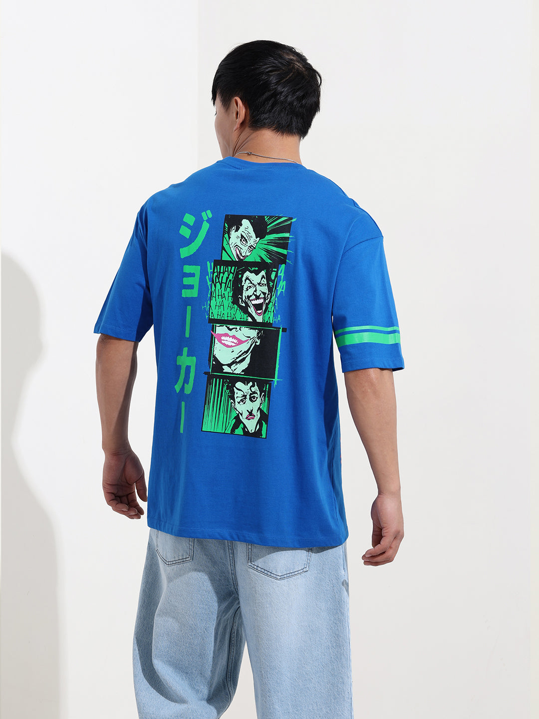 Men's Blue Boxy Fit Joker Character Printed Crew Neck T-Shirt