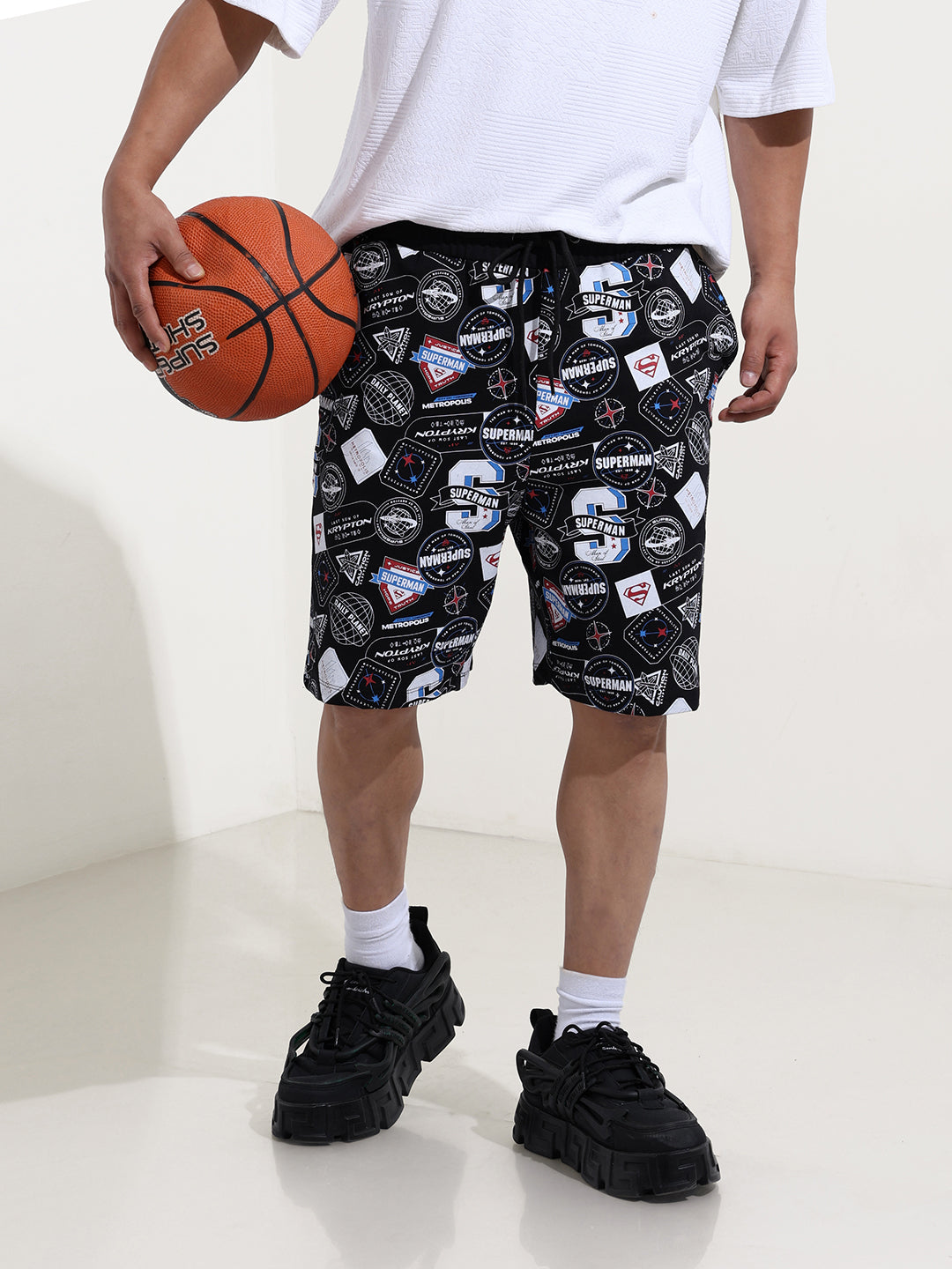 Men's Black Relaxed Fit Character Superman Printed Shorts