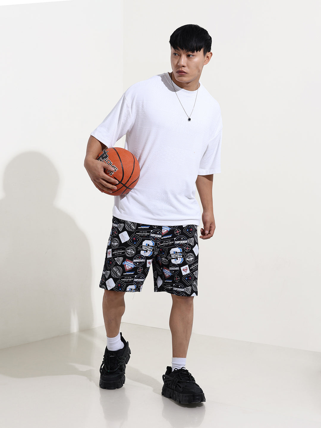 Men's Black Relaxed Fit Character Superman Printed Shorts