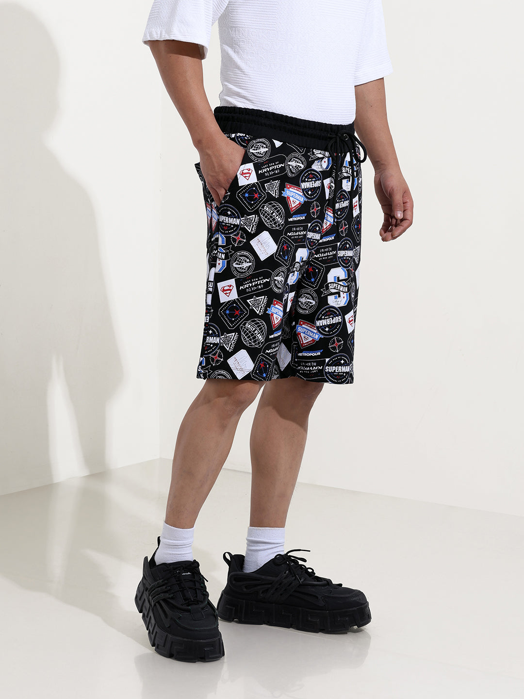 Men's Black Relaxed Fit Character Superman Printed Shorts