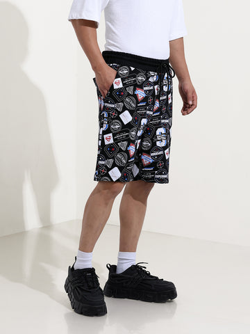 Men's Black Relaxed Fit Character Superman Printed Shorts