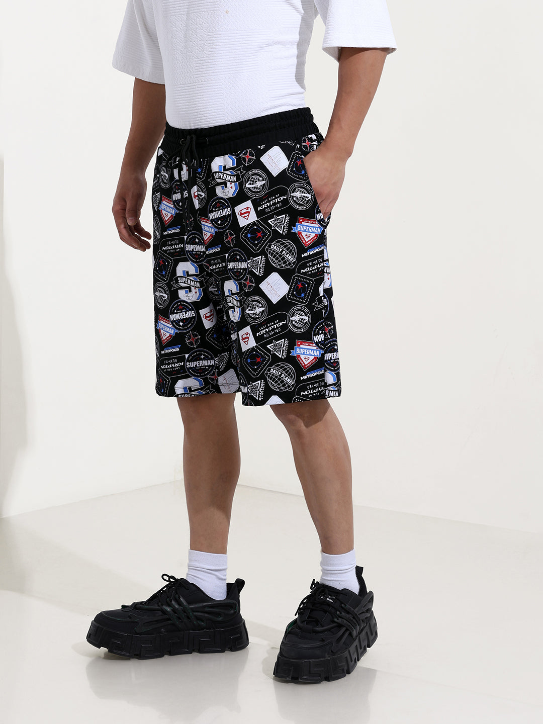 Men's Black Relaxed Fit Character Superman Printed Shorts
