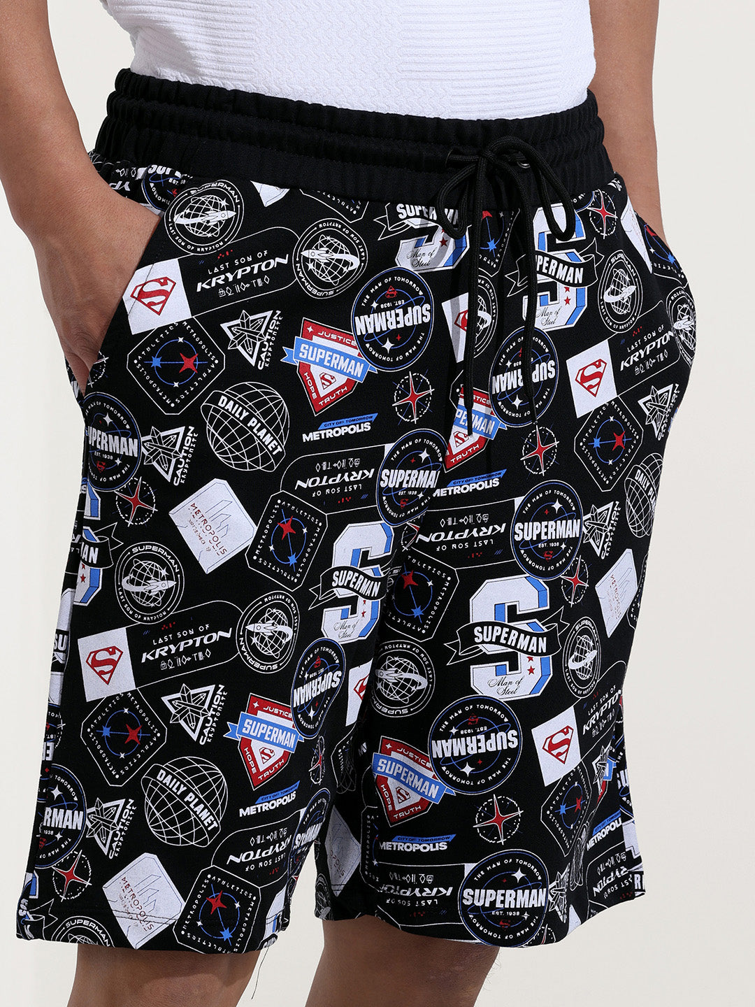 Men's Black Relaxed Fit Character Superman Printed Shorts
