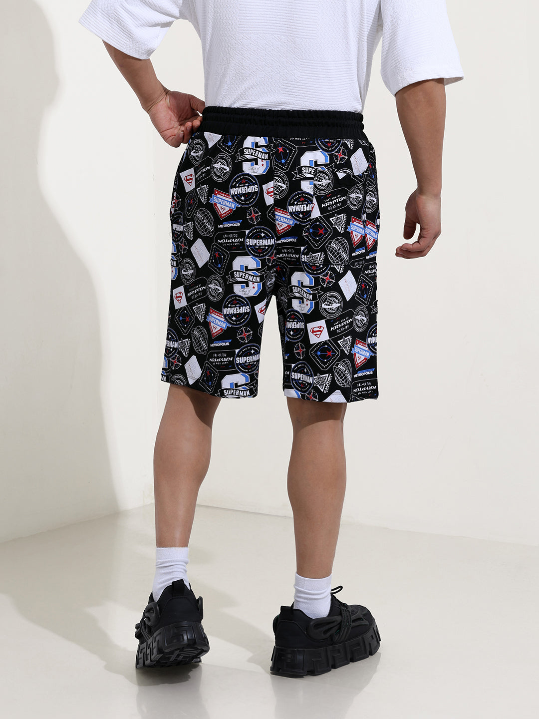 Men's Black Relaxed Fit Character Superman Printed Shorts
