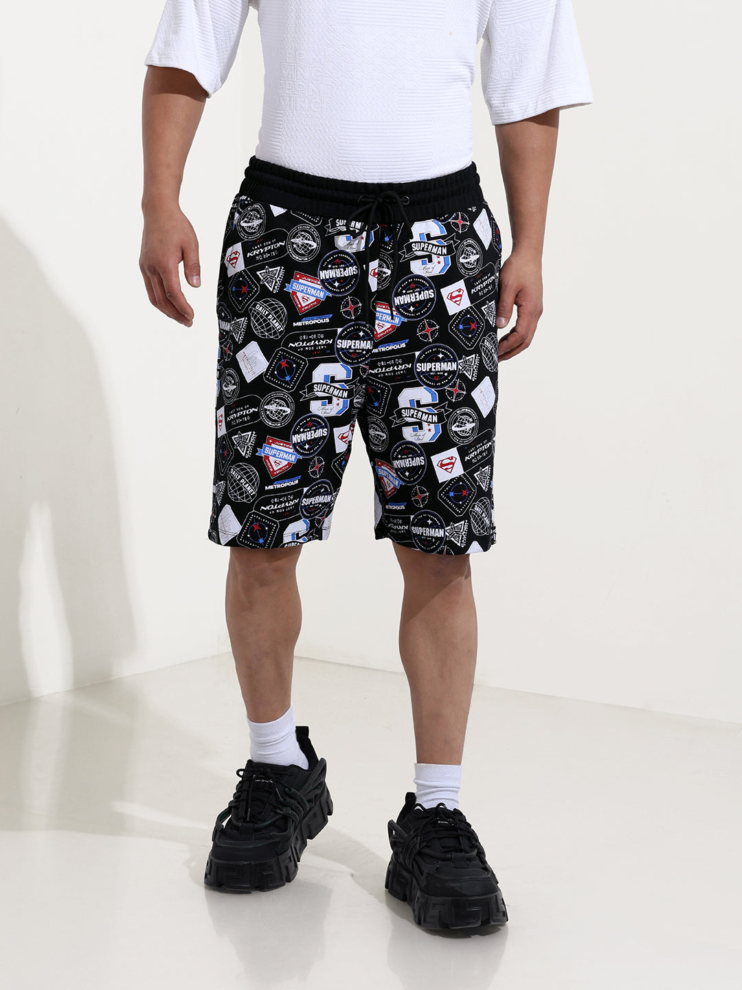 Men's Black Relaxed Fit Character Superman Printed Shorts