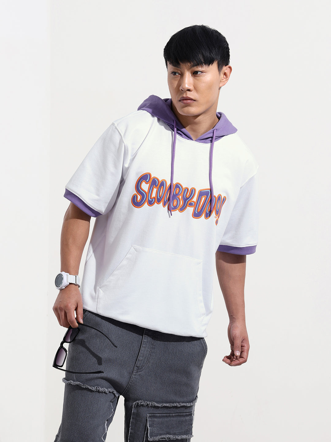 Men's White Oversized Fit Character Scooby-Doo Printed Sweatshirt