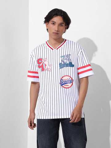 Men's White Boxy Fit Character Scooby-Doo Printed V-Neck T-Shirt